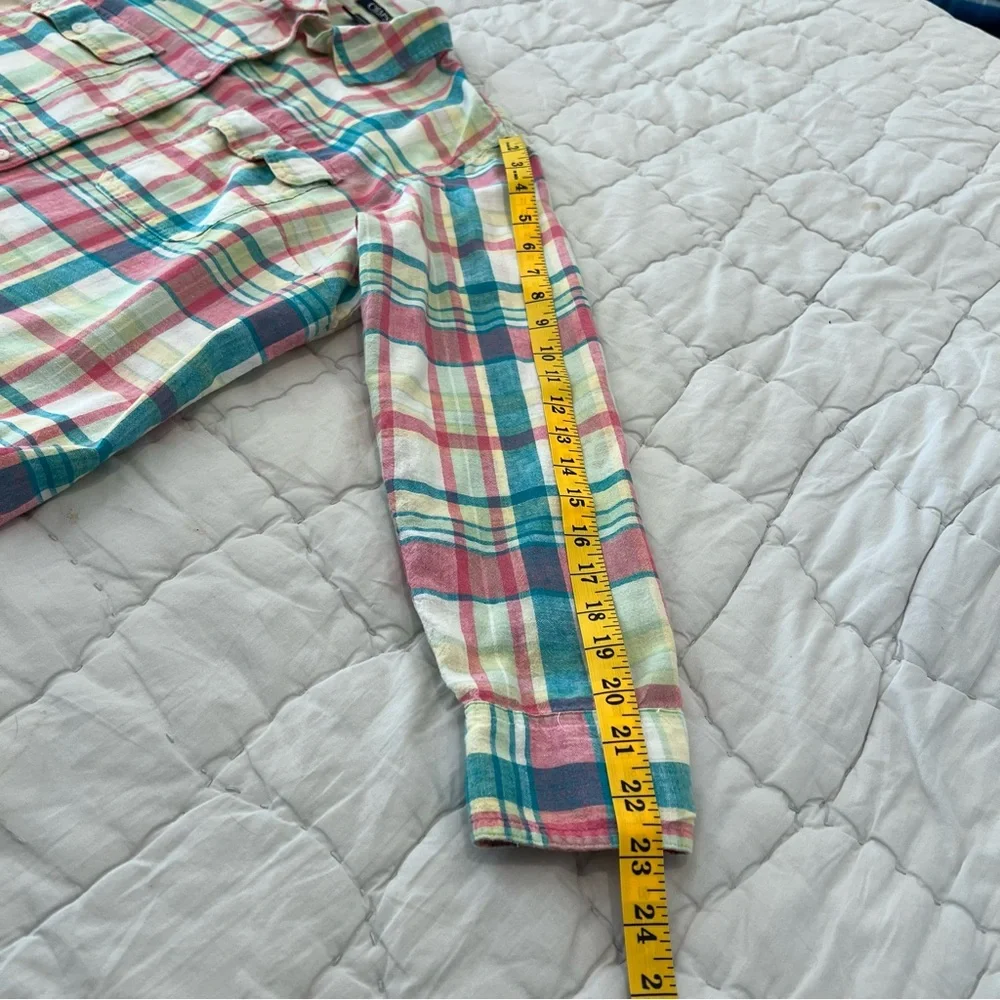 Chaps Womens Linen Blend Button Up Shirt 1X Pink Green Plaid Coastal Preppy - Picture 10 of 11